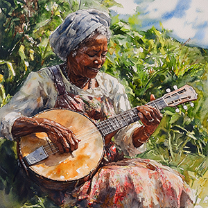 Watercolor image of woman playing banjo