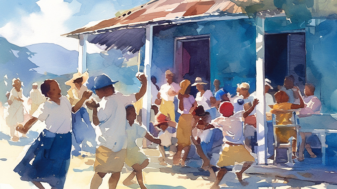 Watercolor image of children dancing in front of home