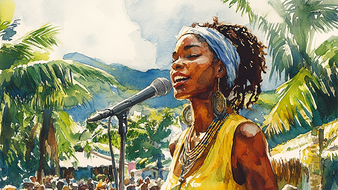 Watercolor image of female singer performing
