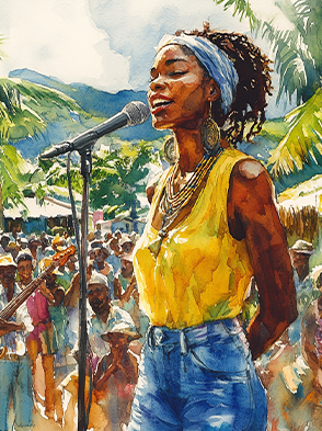 Watercolor image of female singer on stage
