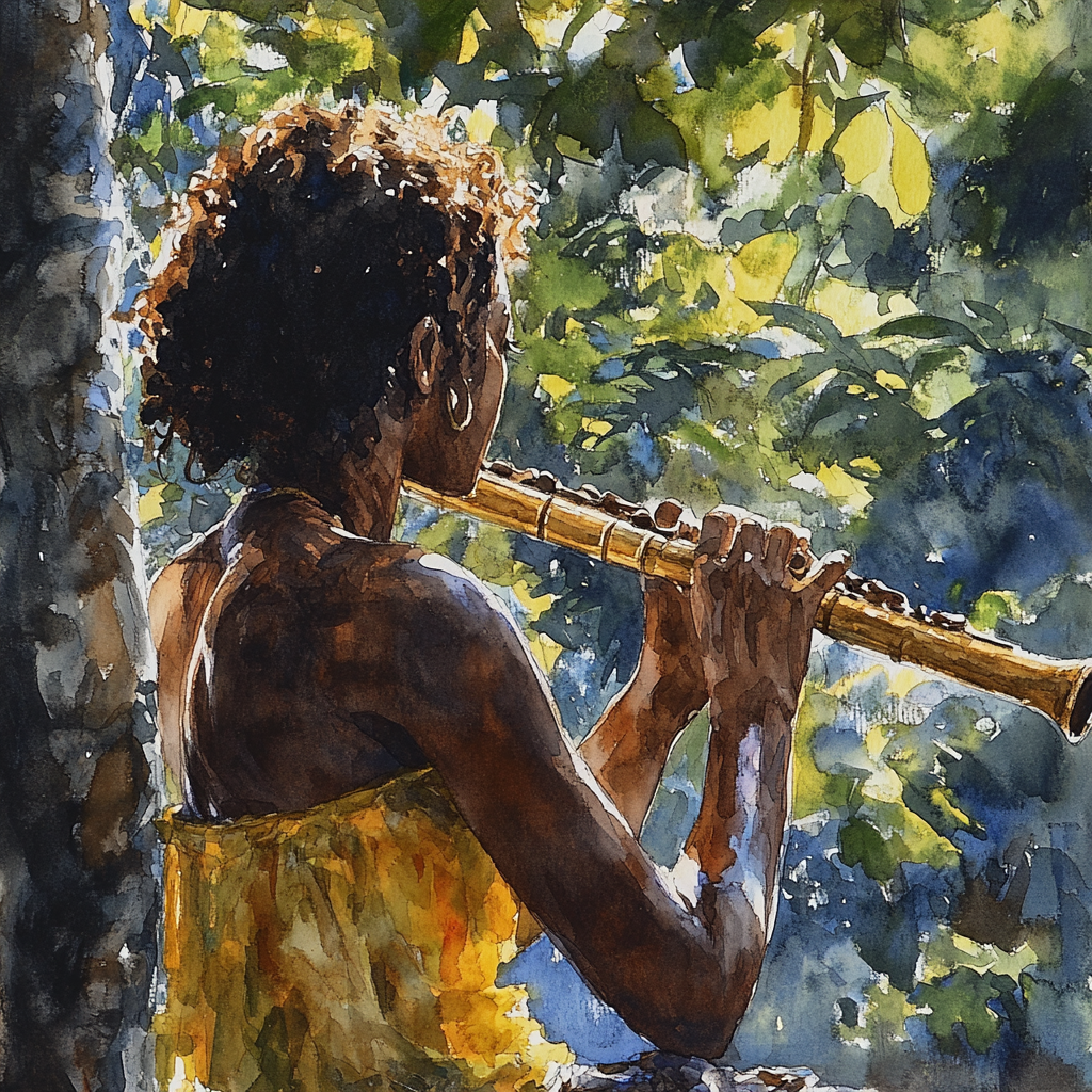 Watercolor image of woman playing the flute