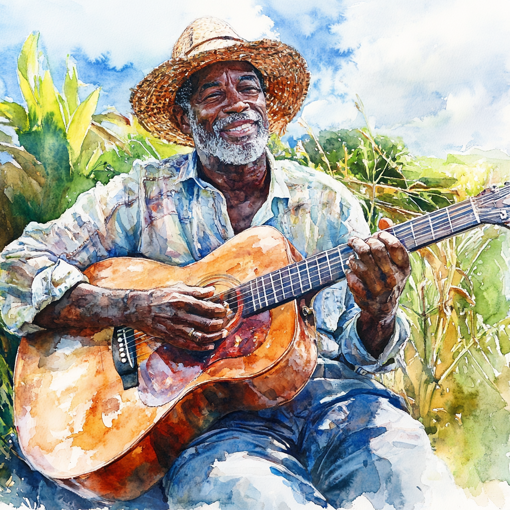 Watercolor image of man playing a guitar