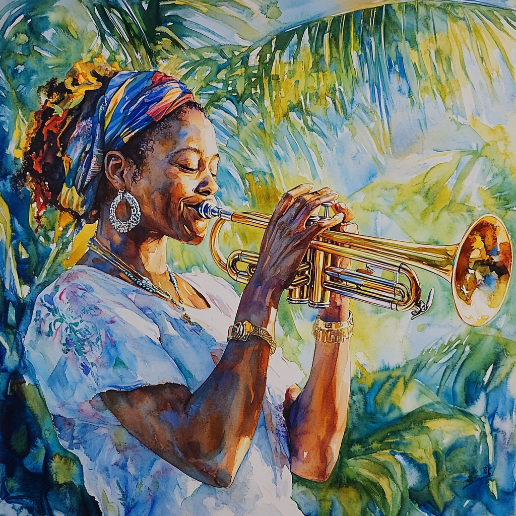 Watercolor image of woman playing the horn