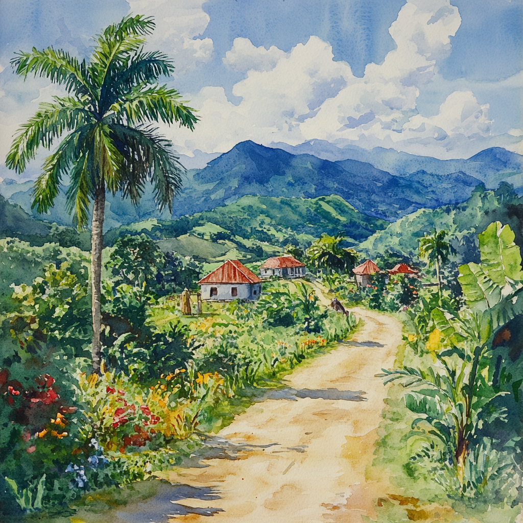 Watercolor image of rural Caribbean landscape