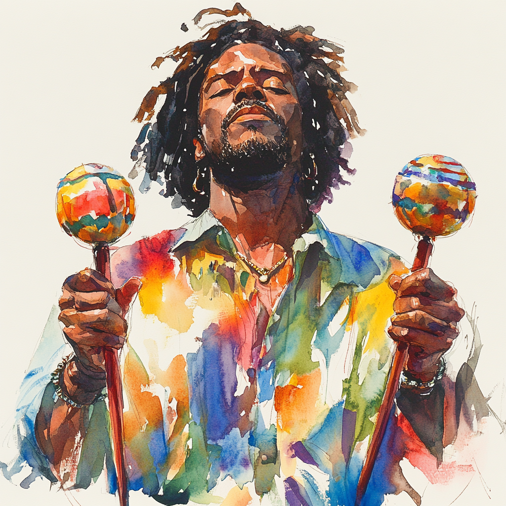 Watercolor image of man playing maracas
