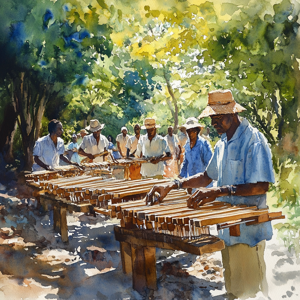 Watercolor image of men playing the marimba