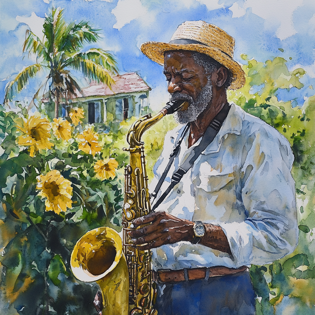 Watercolor image of a man playing the saxophone