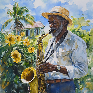 Watercolor image of man playing the saxophone