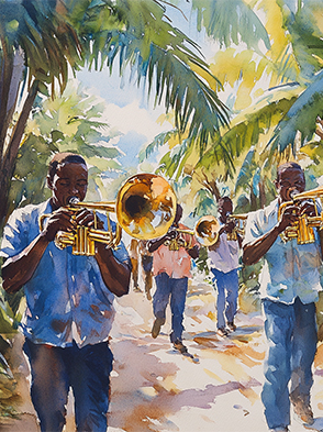 Watercolor image of men playing horns