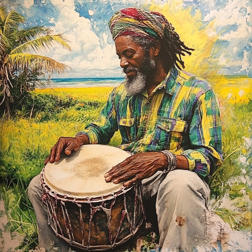 Watercolor image of man playing hand drum